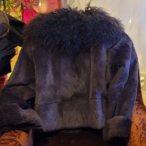 Mongolian lamb and sheared rabbit fur coat L
